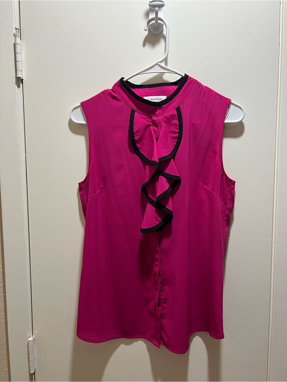 Calvin Klein Hot Pink Sleeveless Ruffle-Front Camisole with Black Trim